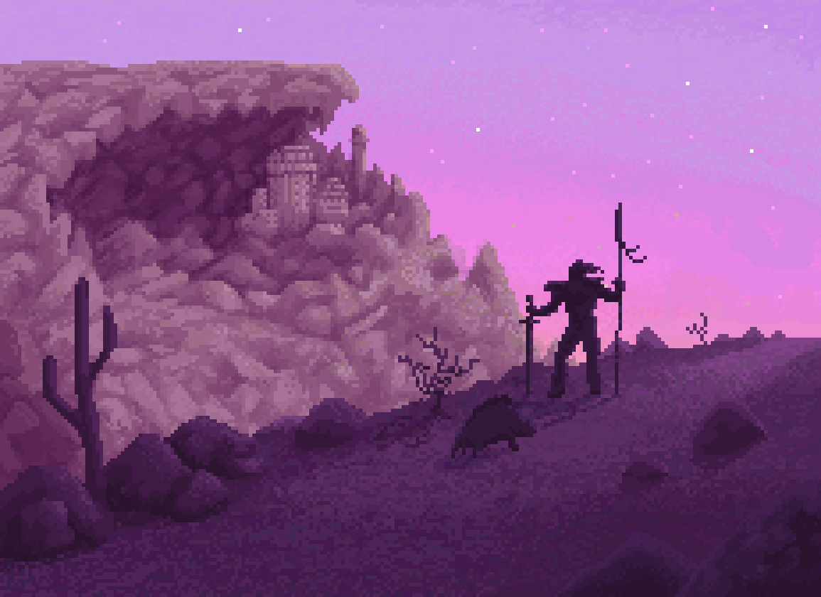 Animated temple and warrior guard scene